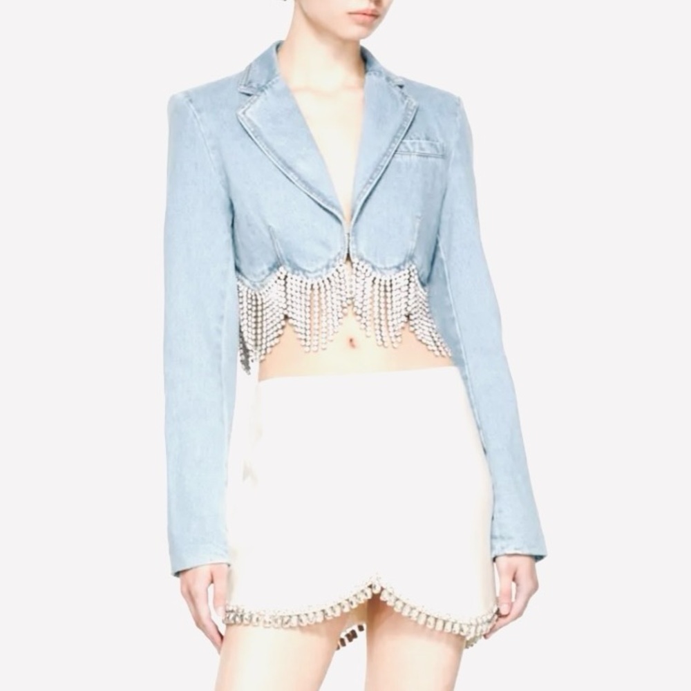 ⚡️⚡️AREA Scalloped Embellished Cropped Denim Jacket in Pale Blue, Size 4,NWT - Picture 9 of 17